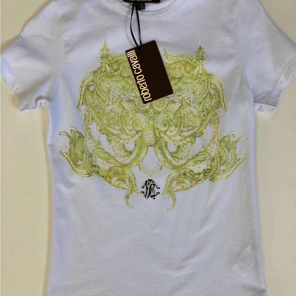 Roberto Cavalli White and Gold Baroque Short Sleeve Tee